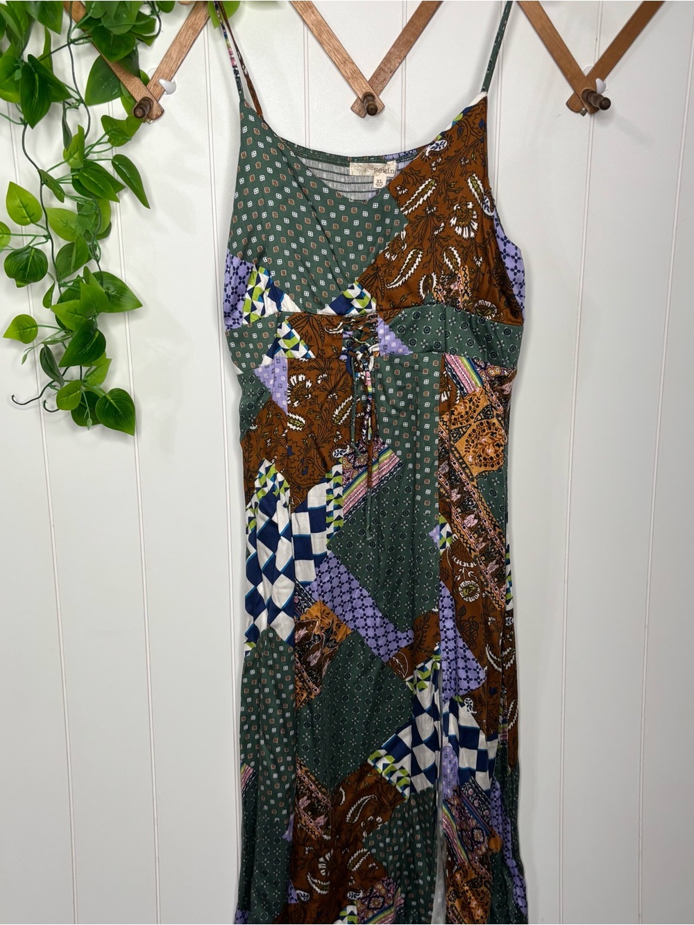 Rewind Bohemian Patchwork Slip Dress in Olive and Brown XL
